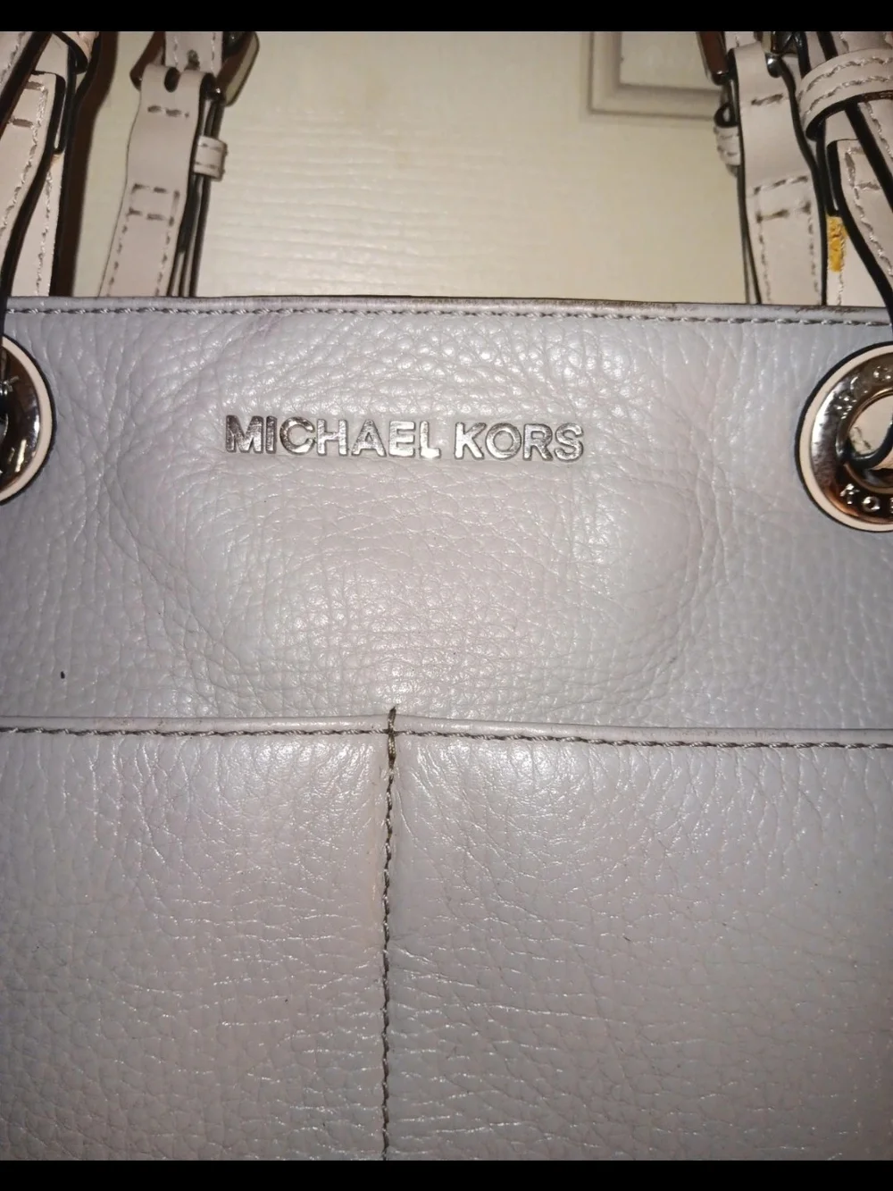 Michael Kors Grey Leather Tote Bag with Cream Straps